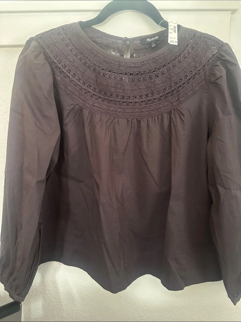 Madewell Lace Yoke Long-Sleeve Blouse. Color is chocolate plum. NWT size S.